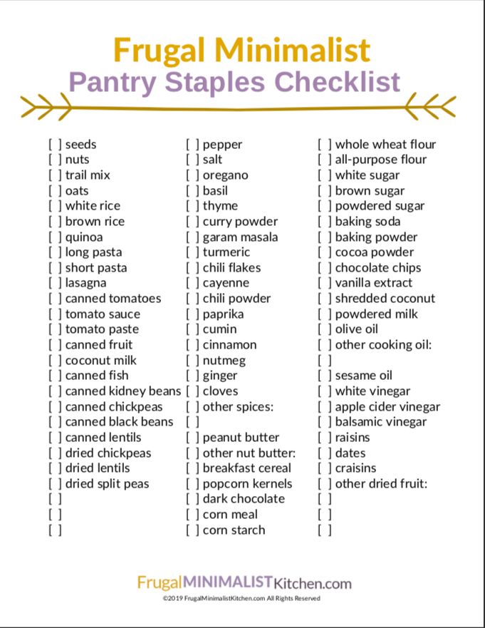 the frugal minimalist pantry staples checklist is shown in yellow and white