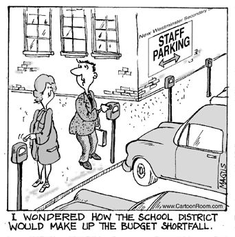 a black and white cartoon depicting two people in a parking garage, one is holding a sign that says'i wondered how the school district would make up the budget shortfall