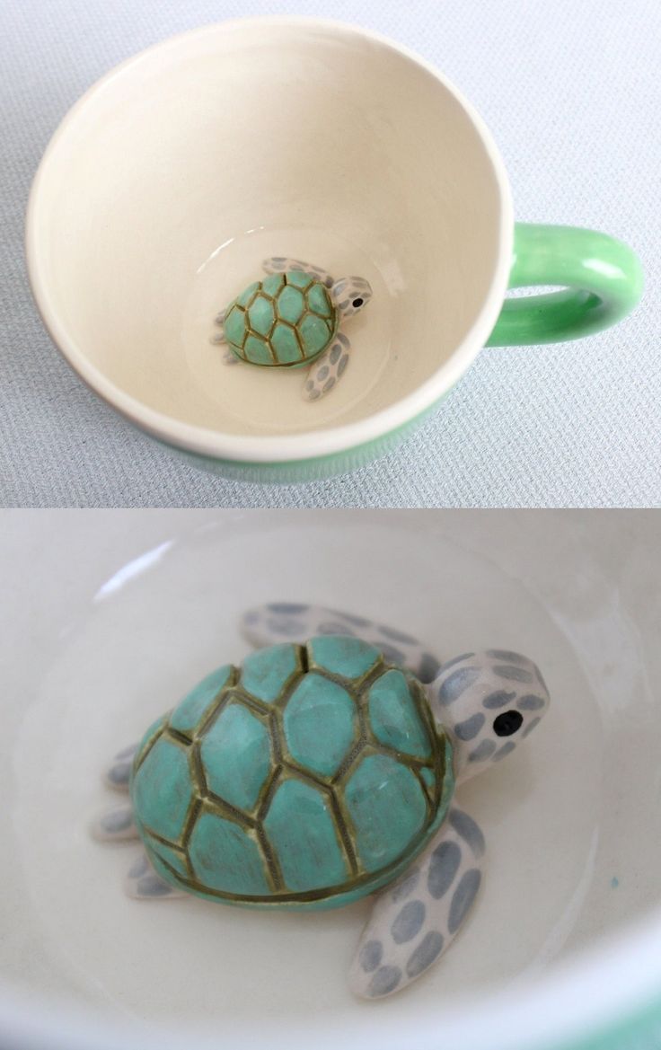 there is a bowl with a turtle in it and another bowl that has a turtle on it