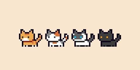 pixel art with cats and dogs in different colors on a beige background, one is black, the other is white