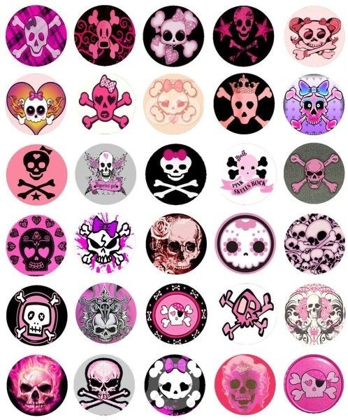 a large collection of skulls and hearts stickers on a white background with pink accents