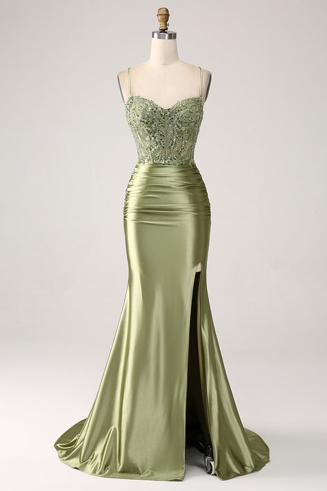 Prom Dress Army Green, Glam Long Dress, Golden Green Prom Dress, Xxs Prom Dresses, Soft Green Dress Formal, Prom Dresses For Green Eyes, Khaki Green Prom Dress, Glitter Corset Prom Dress, Prom Dress Fishtail