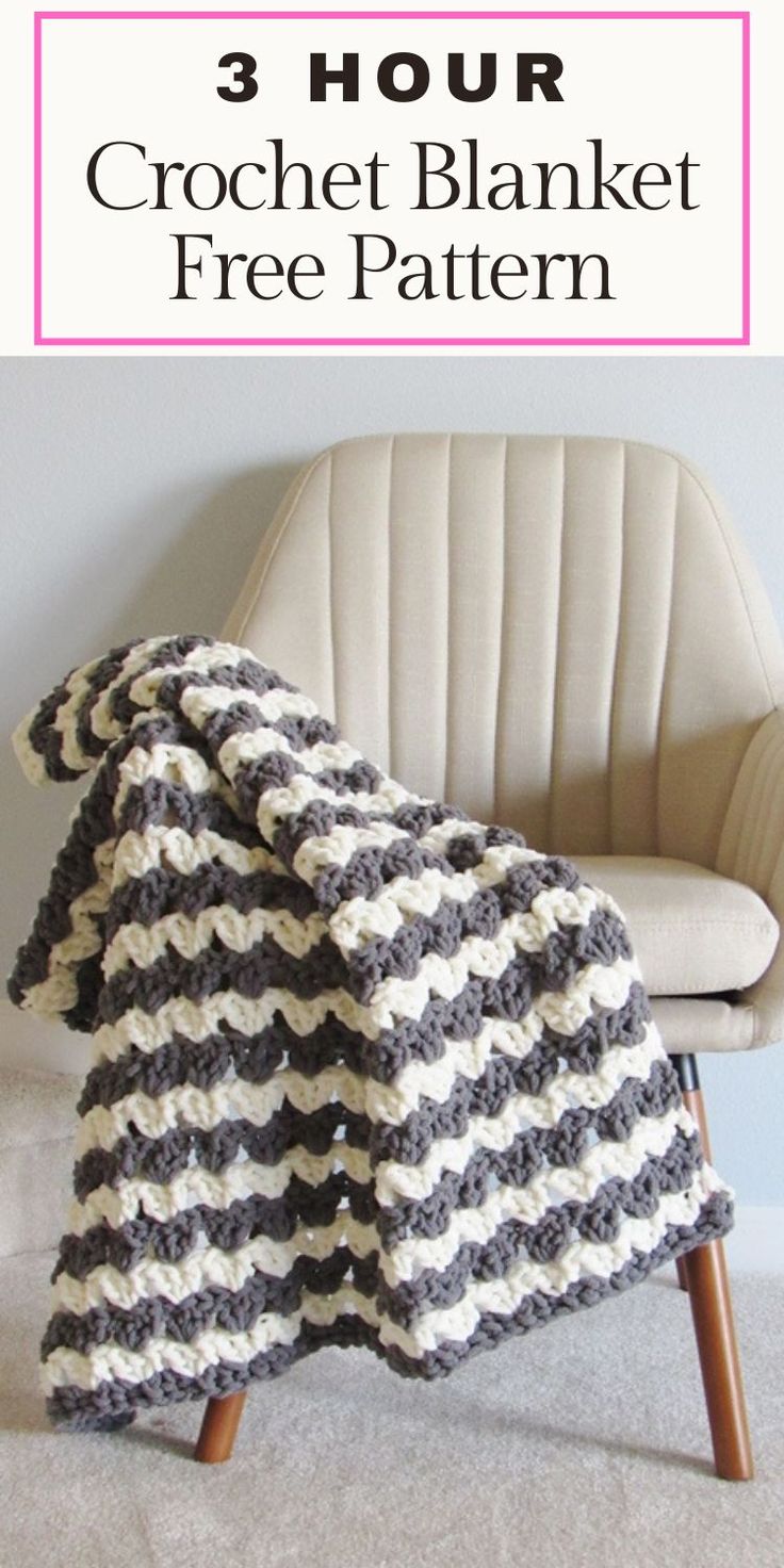 a crochet blanket sitting on top of a chair with text overlay that reads 3 hour crochet blanket free pattern