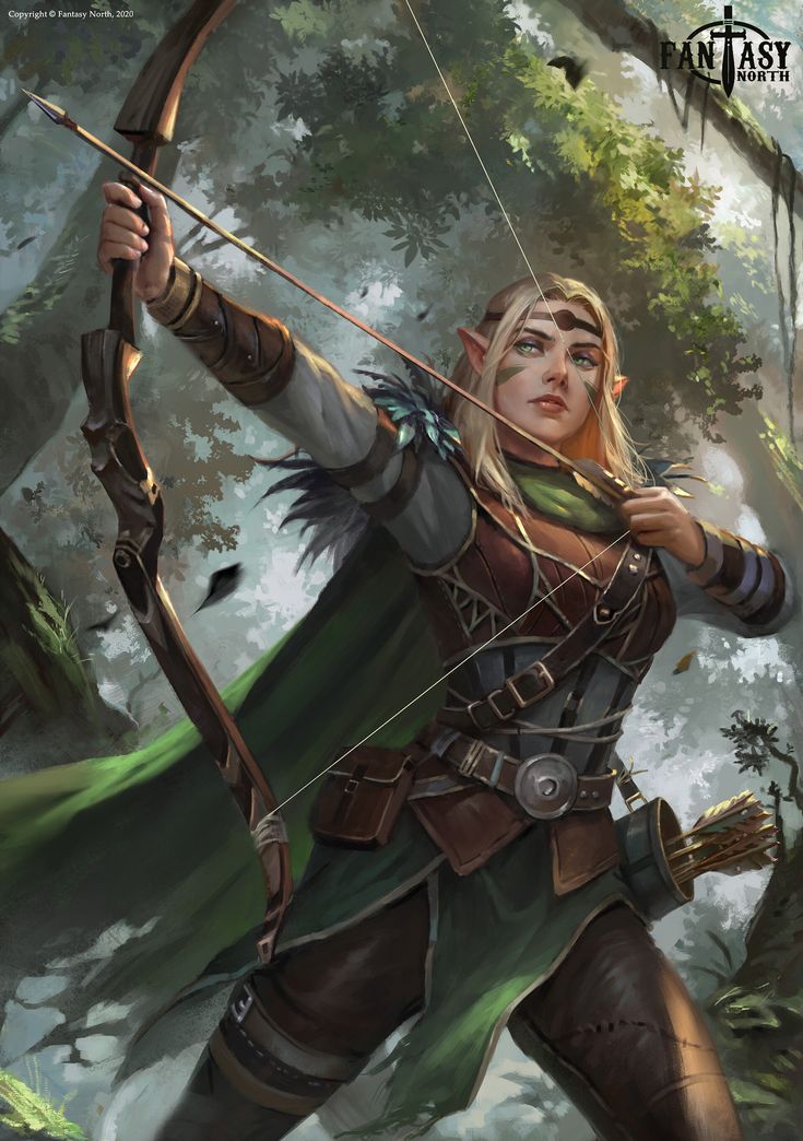 a woman with a bow and arrow in the woods