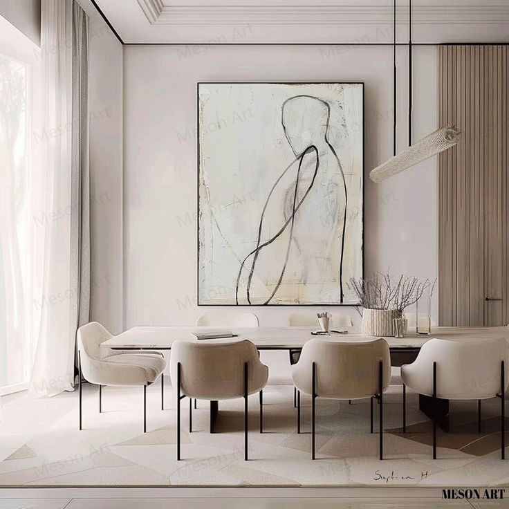 a modern dining room with white chairs and a large painting on the wall above it