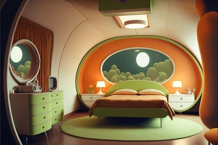 a bedroom with an orange and green theme is pictured in this artist's rendering