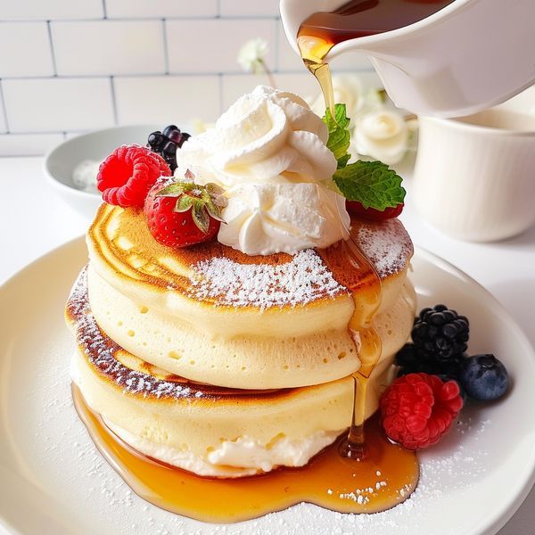 a stack of pancakes with syrup being poured on top