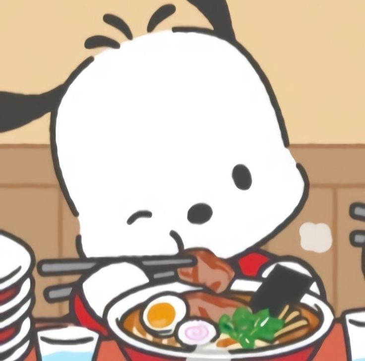 a cartoon character holding chopsticks in front of a bowl of food