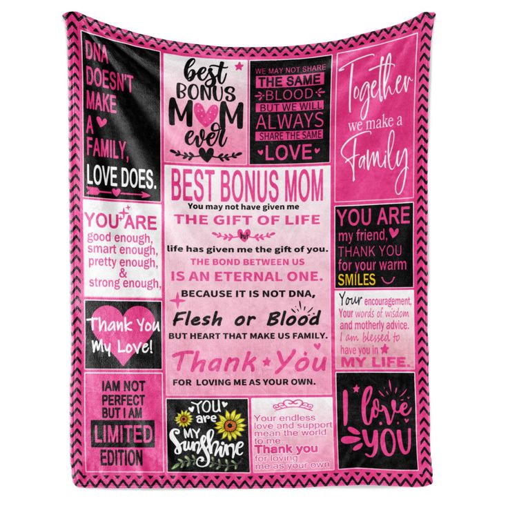 a pink and black blanket with words written in different languages, including the word best mom