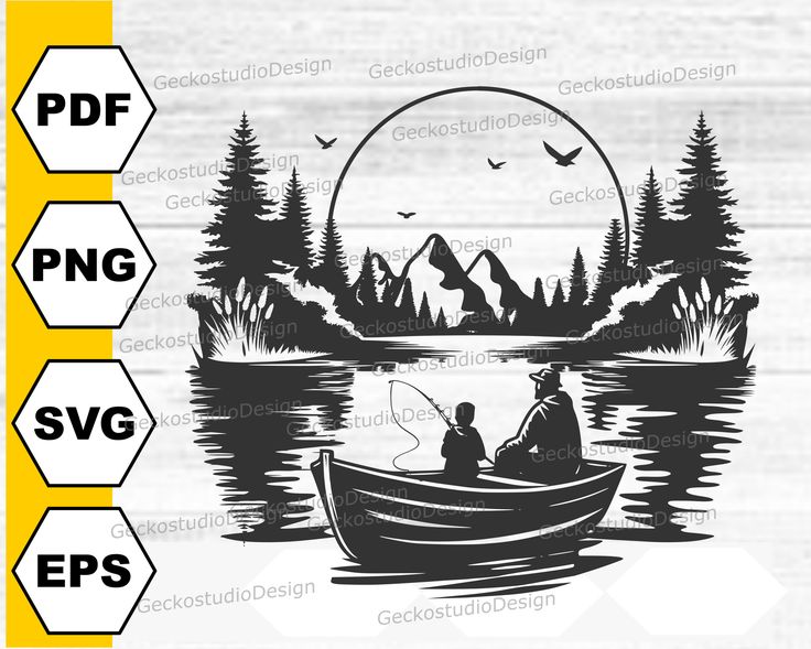 the silhouette of two people in a boat fishing on a lake with mountains and trees