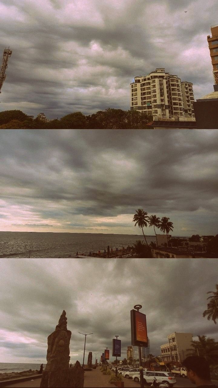 three different views of the ocean with buildings in the background and cloudy skies above them