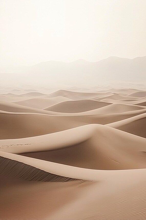 sand dunes in the desert with mountains in the backgroung and foggy sky