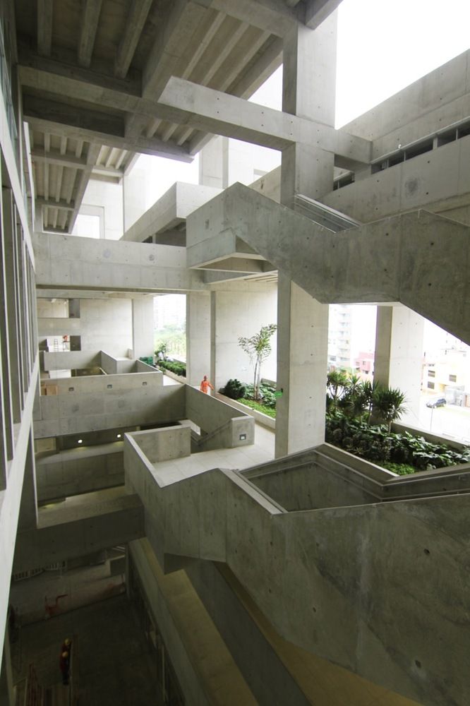 there are many stairs in the building that have plants growing out of them on them