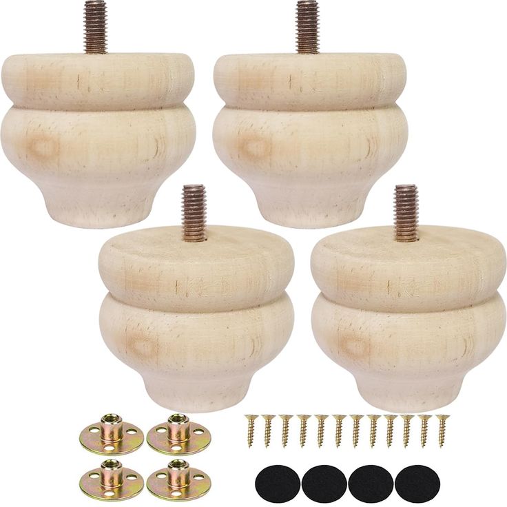 four wooden knobs with screws and nails on them, all in different sizes