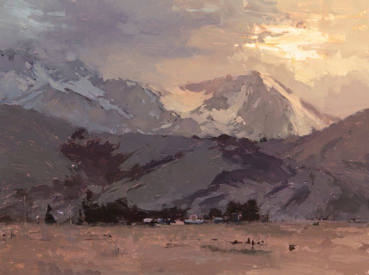 an oil painting of mountains in the distance