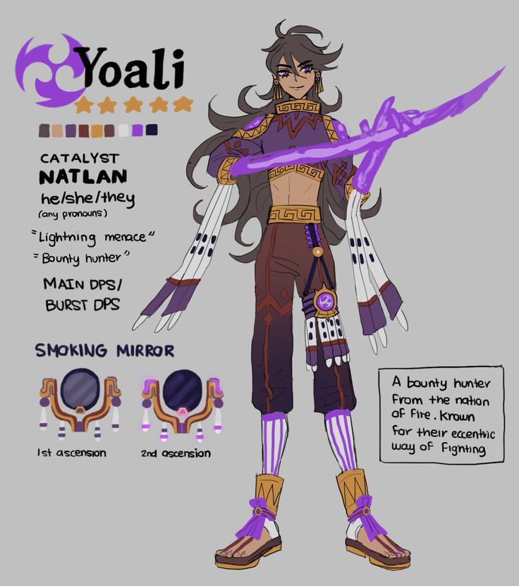 the character sheet for yoaii's avatar, with her purple hair and makeup