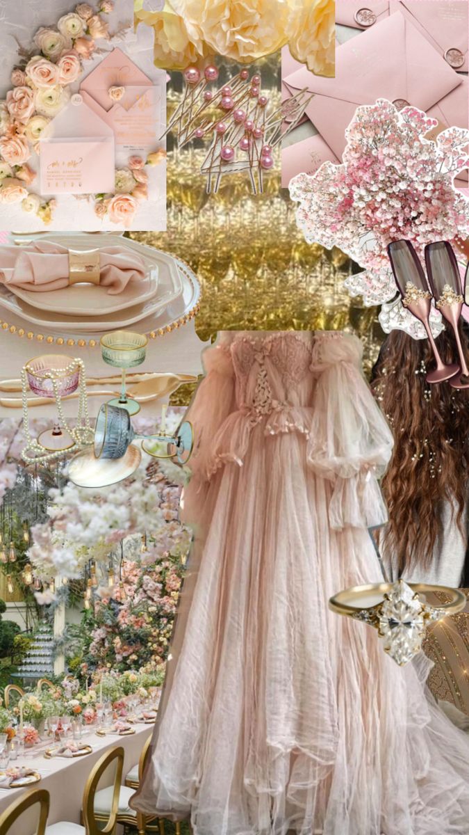 a collage of pink and gold wedding gowns, flowers, and other items