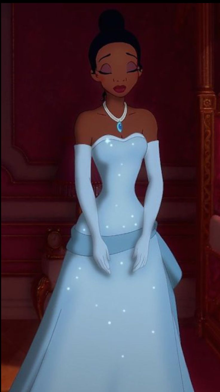 an animated image of a woman in a white dress and pearls on her head, standing next to a red wall