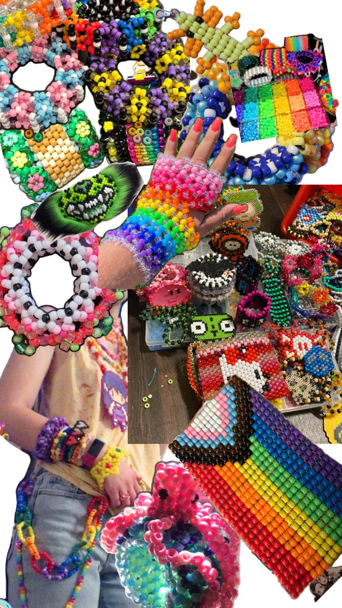 a collage of beaded bracelets and handmade items for sale on a table