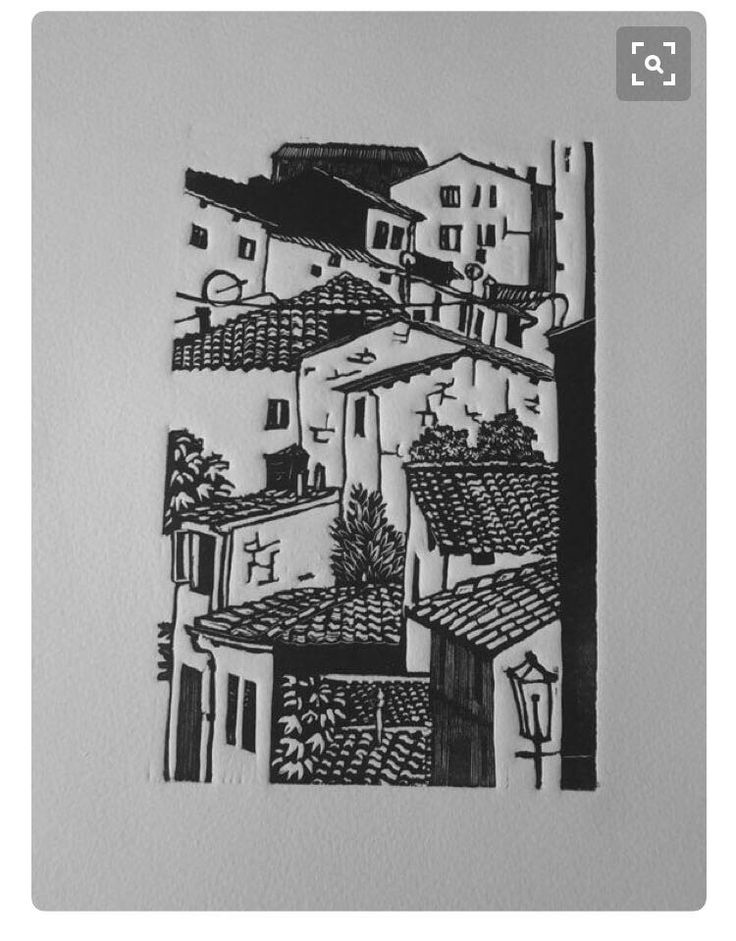 a black and white drawing of rooftops