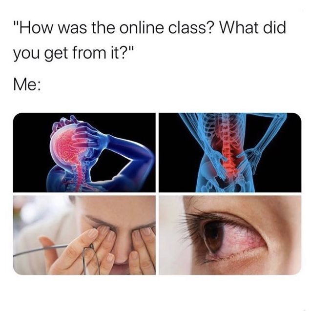 a woman holding her hand up to her eye with the caption, how was the online class? what did you get from it? me