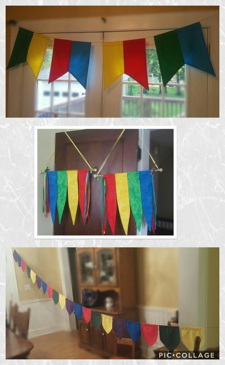 three different pictures of colorful flags hanging from the ceiling