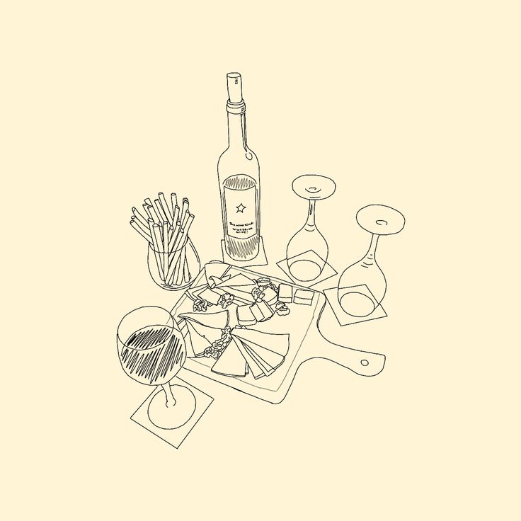 a line drawing of wine and food on a table