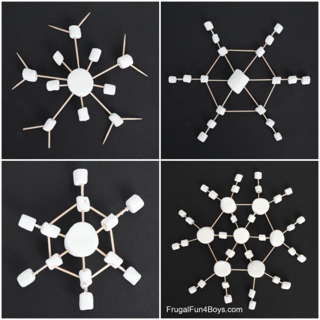 four different views of the snowflake made out of popsicles and toothpicks