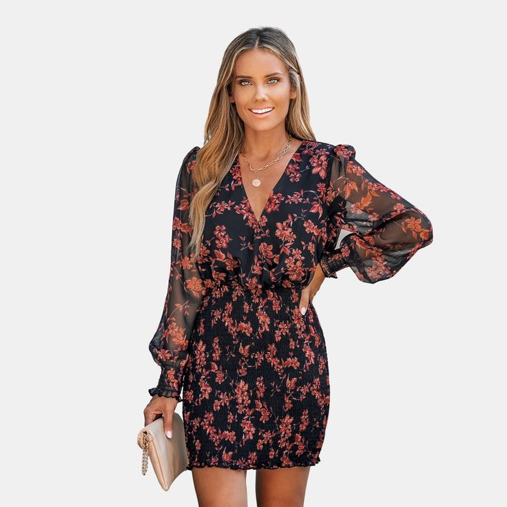 Turn heads with our Floral Print Smocked Bodycon Mini Dress. The captivating floral pattern and form-fitting smocked design combine for a look that's both chic and flirty, ensuring you stand out and feel confident at any event. Whether you're attending a brunch with friends or a special evening event, this dress will ensure you stand out with style and sophistication. Product code: CAA05A3J016AJ 2024 Fall Wedding Guest Dresses, Fall Bridal Shower Outfit For Guest, Wedding Guests Dress, Fall Cocktail Dress, Dance Inspiration, Thanksgiving Dress, Long Sleeve Skater Dress, Bridal Shower Outfit, Fall Wedding Guest Dress