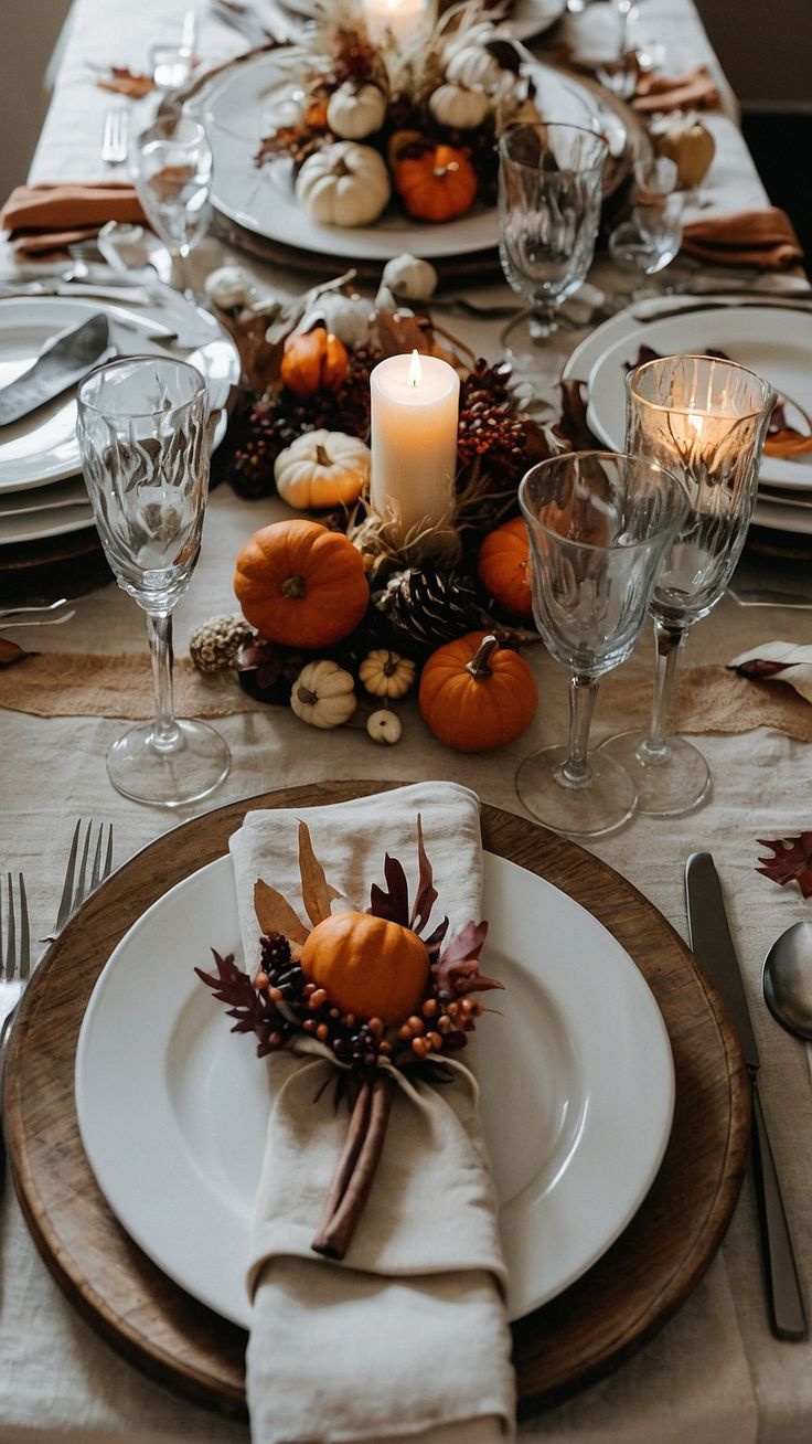 the table is set with white plates, silverware and candles for thanksgiving dinner party