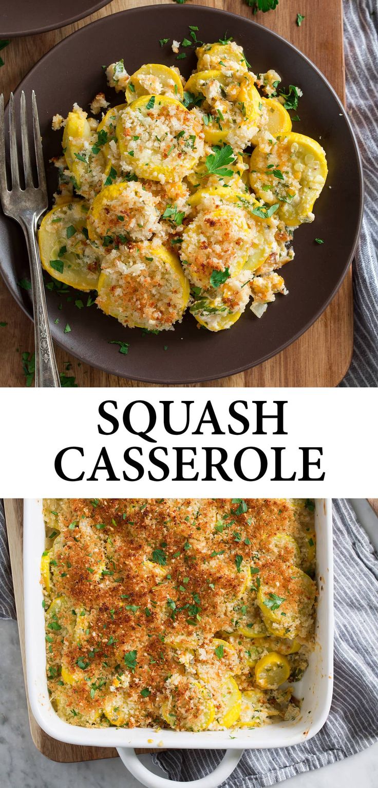 squash casserole with parmesan cheese on top and an image of the casserole