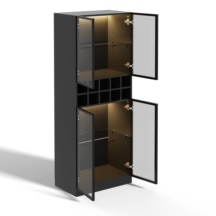 an open cabinet with two doors and some lights on the top one door is closed