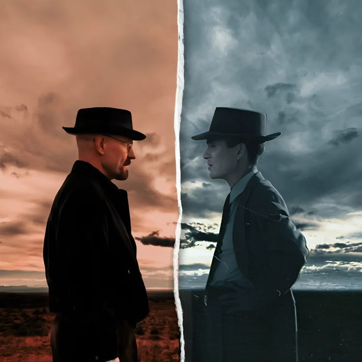 two men in hats standing next to each other on a cloudy day and one is looking at the sky