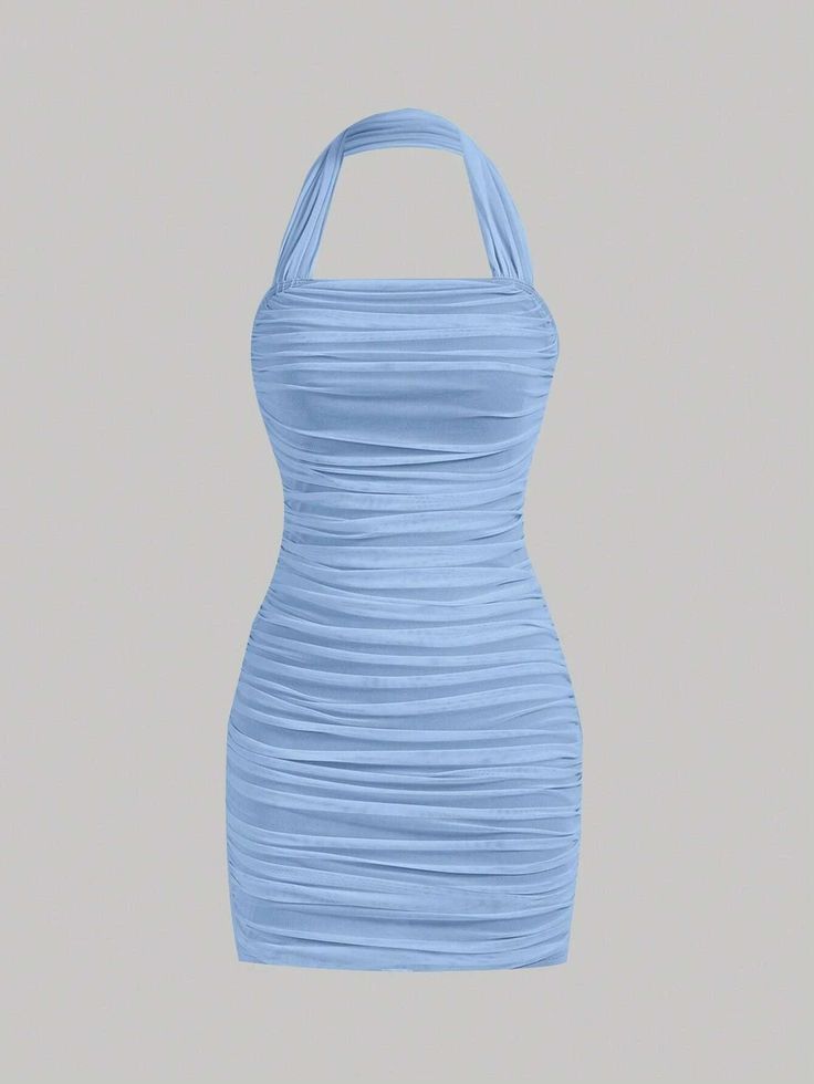 SHEIN MOD Solid Ruched Halter Bodycon Dress | SHEIN USA Light Blue Bodycon Dress, Dress Png, High Waist Sports Leggings, Halter Bodycon Dress, Comfy Jumpsuits, Blue Bodycon Dress, Grace Beauty, Classy Prom Dresses, Cute Prom Dresses