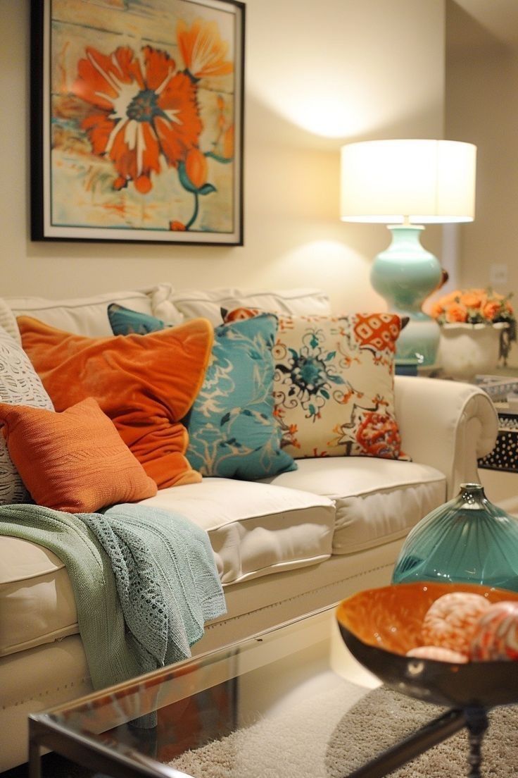 a living room filled with lots of furniture and pillows on top of a white couch