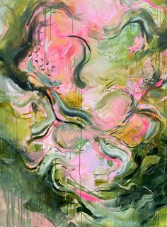 an abstract painting with green, pink and yellow colors