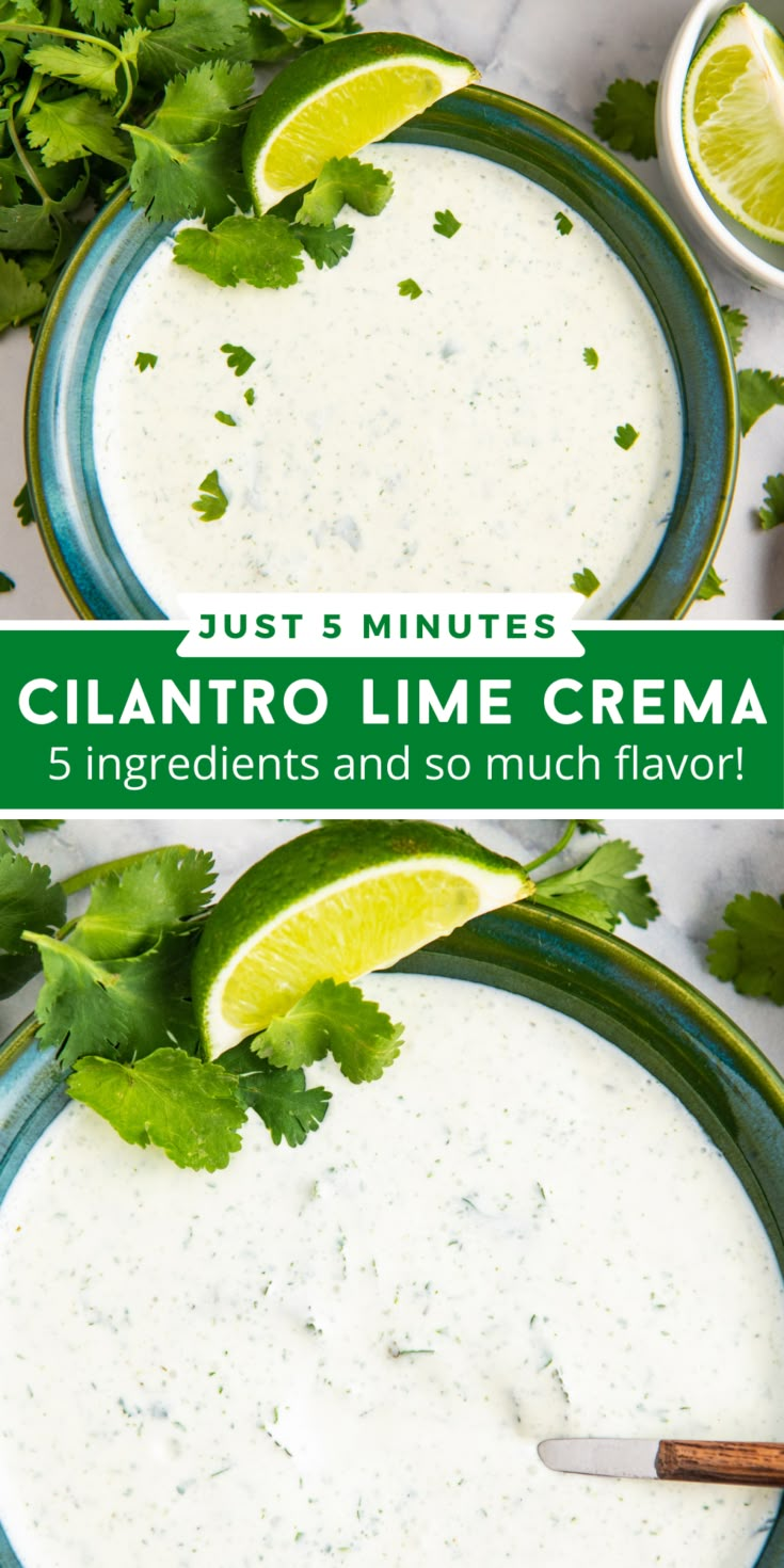 two bowls filled with cilantro lime cream and garnished with cilantro