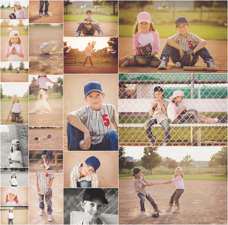 a collage of photos showing young children playing baseball