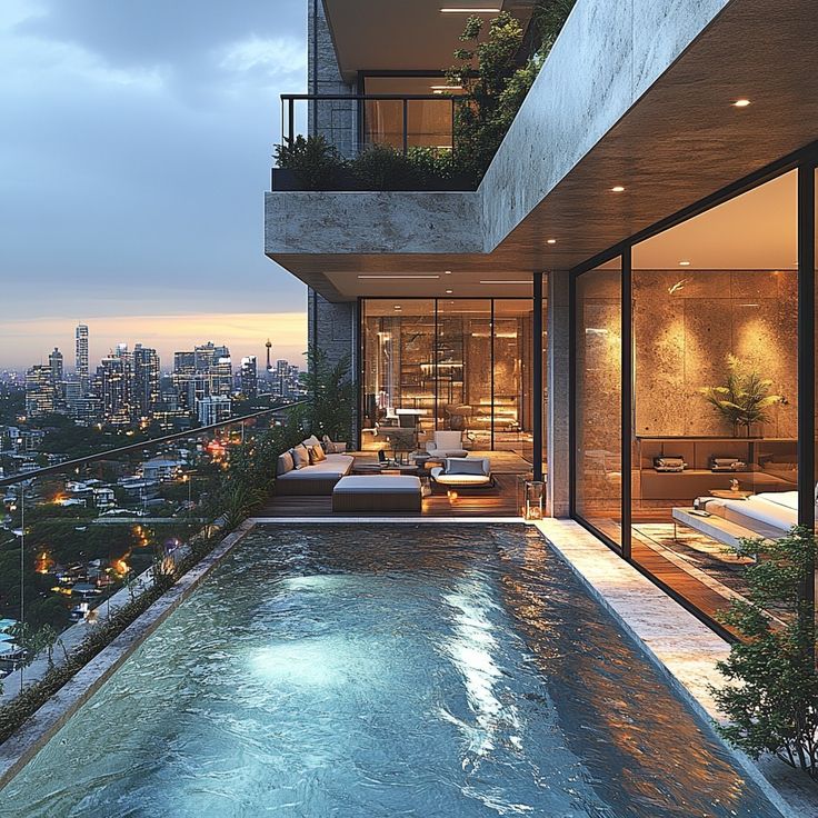 an outdoor swimming pool in front of a large building with glass doors and windows overlooking the city