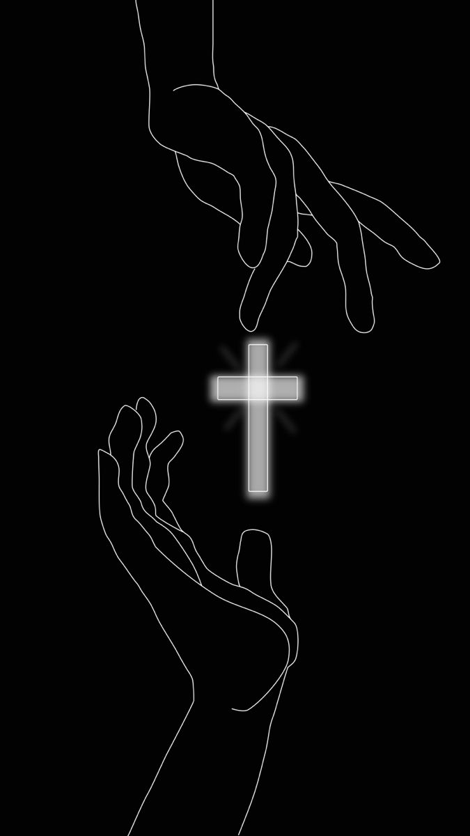 two hands reaching towards a cross on a black background