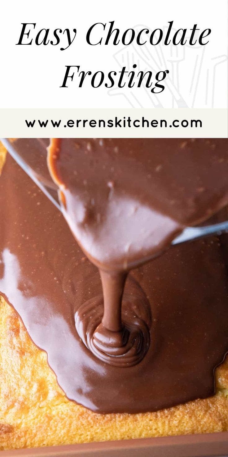 chocolate frosting being poured on top of a cake