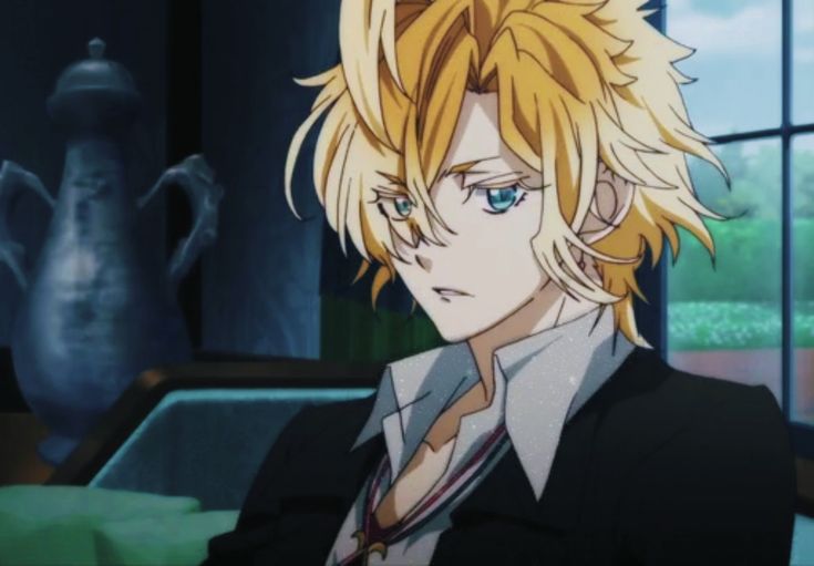 an anime character with blonde hair and blue eyes wearing a black shirt in front of a window