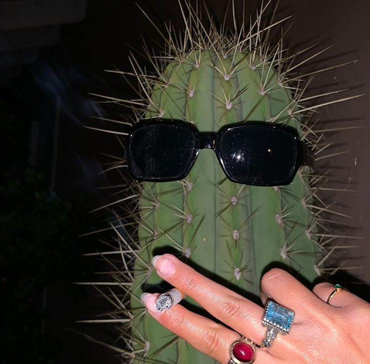 a woman's hand with two rings and sunglasses on it next to a cactus