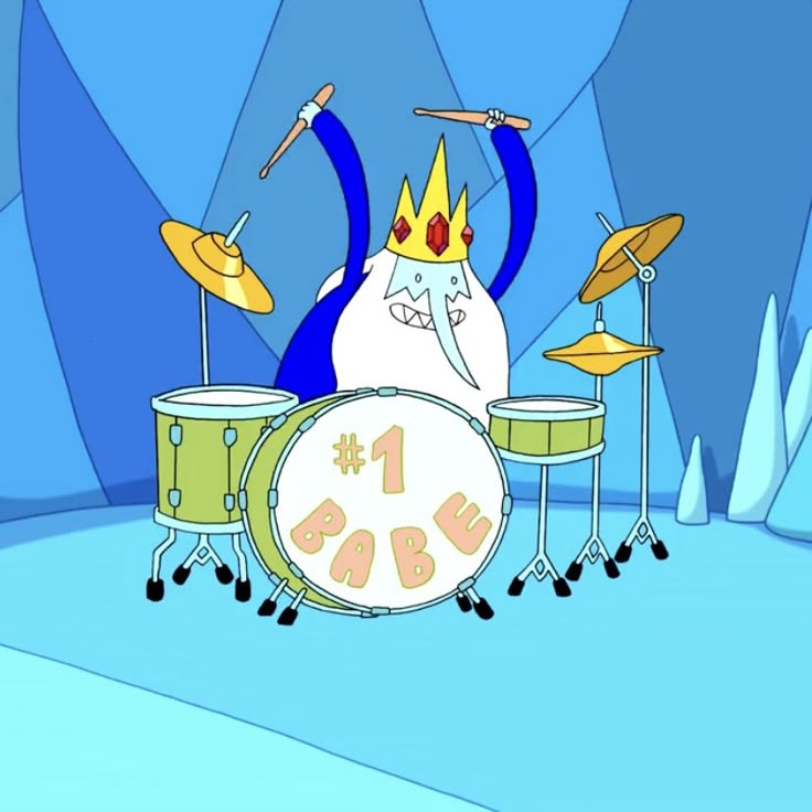 a cartoon character playing drums in front of a drum set with the number one baby on it