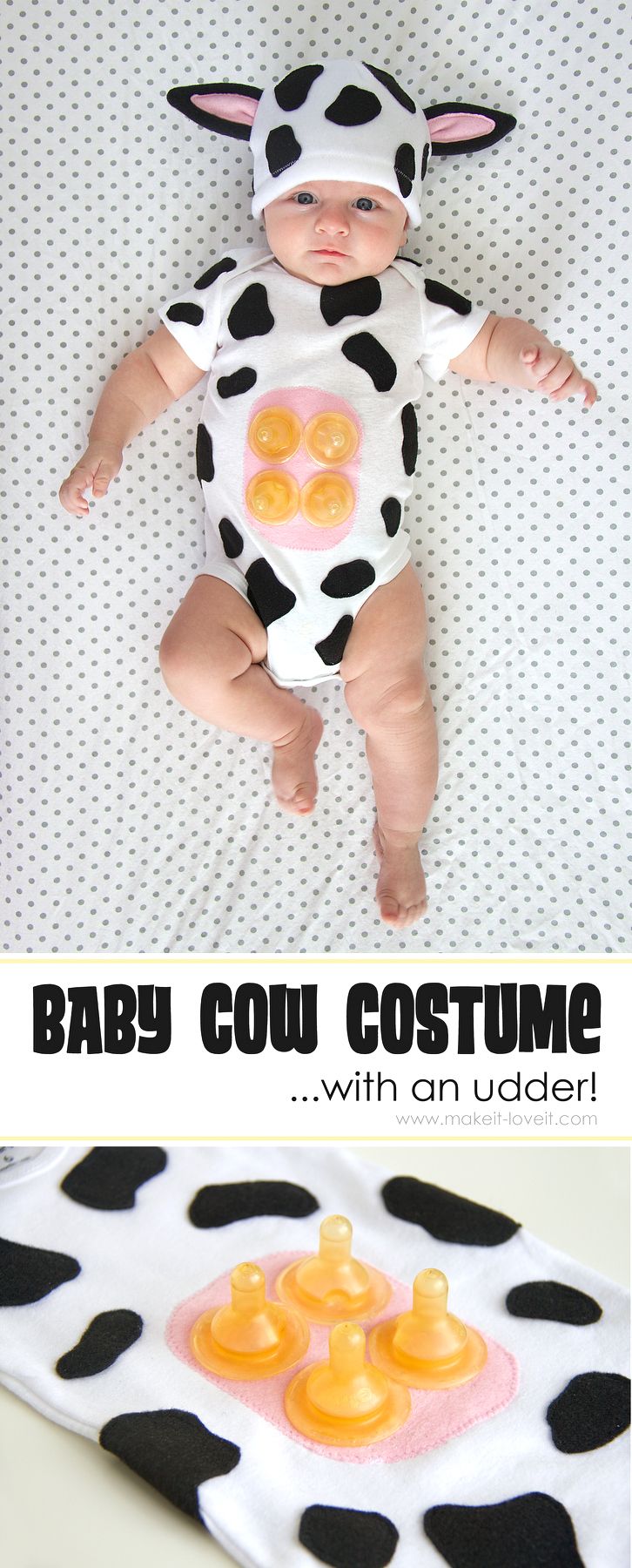 a baby cow costume with an udder on it's head and the words, baby cow costume with an udders