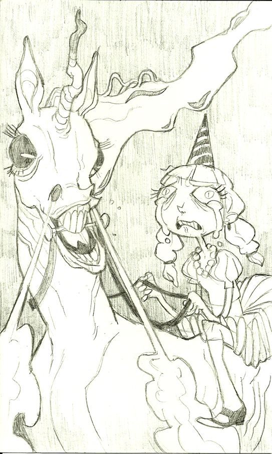 a black and white drawing of a person riding a horse with a witch hat on