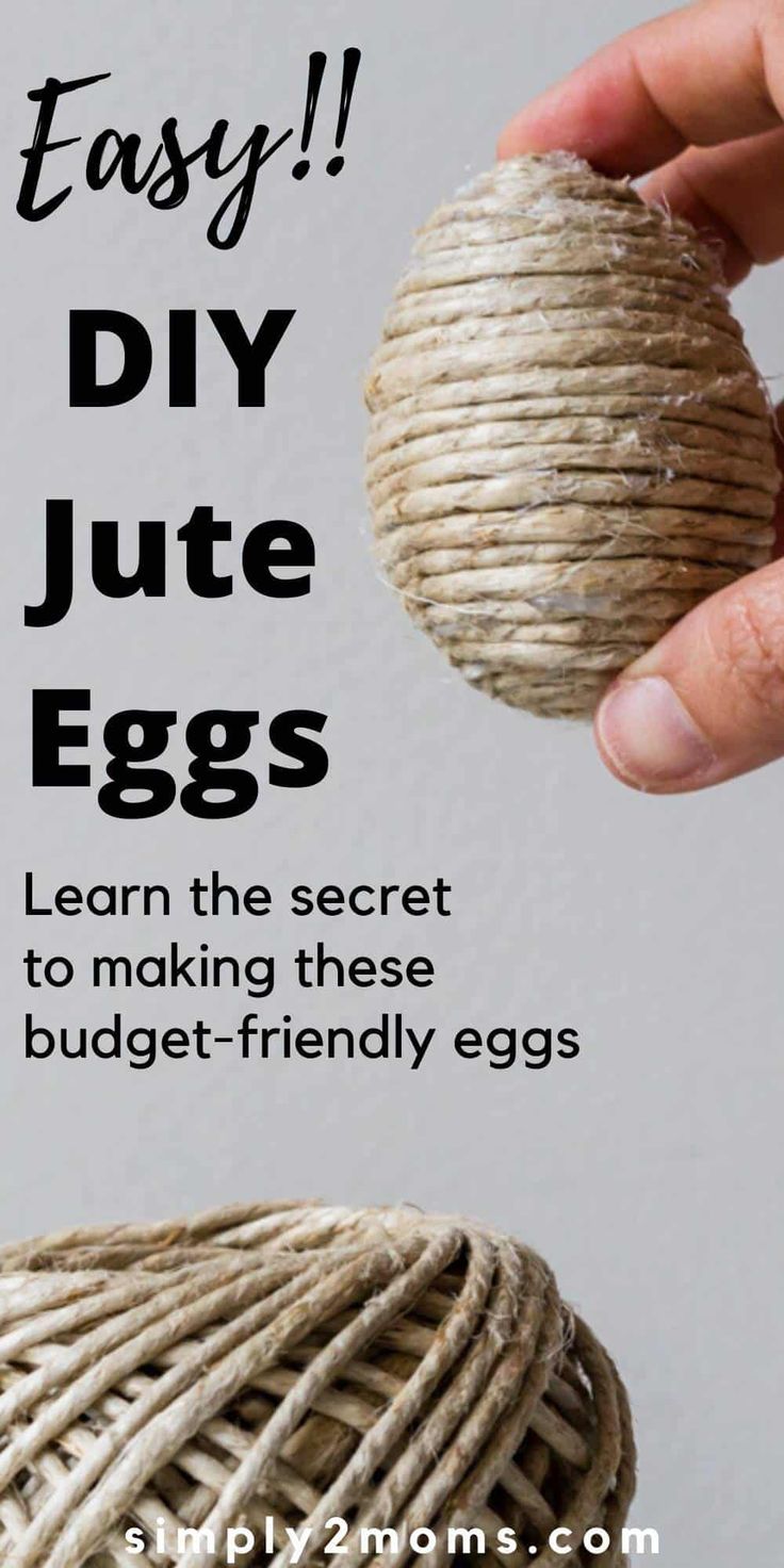 someone is holding an egg in their hand with the words easy diy jute eggs