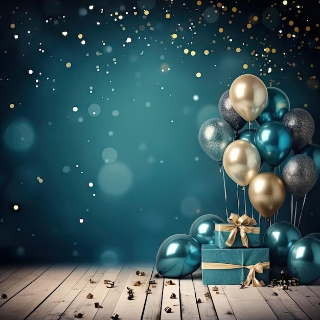 a blue box with gold and silver balloons in it on a wooden floor, surrounded by confetti