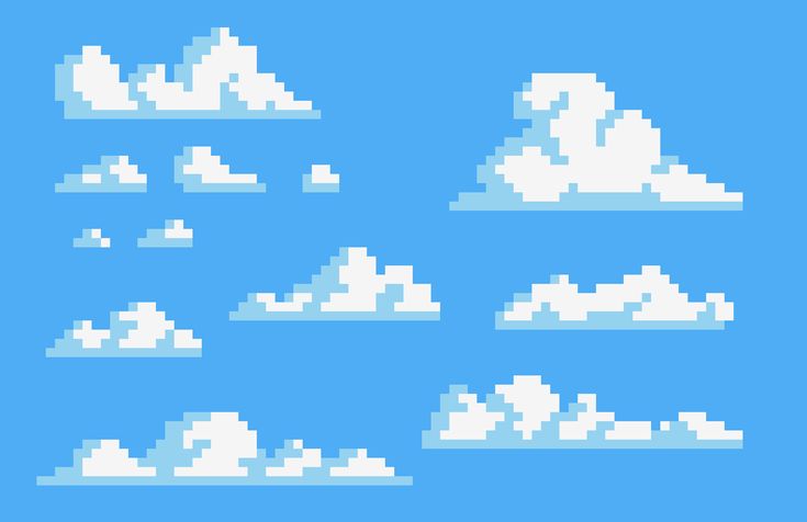 an image of clouds in the sky with different shapes and sizes on blue background, pixel art style