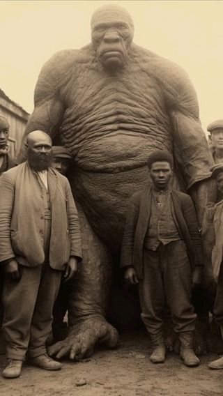 an old photo of men standing in front of a giant elephant